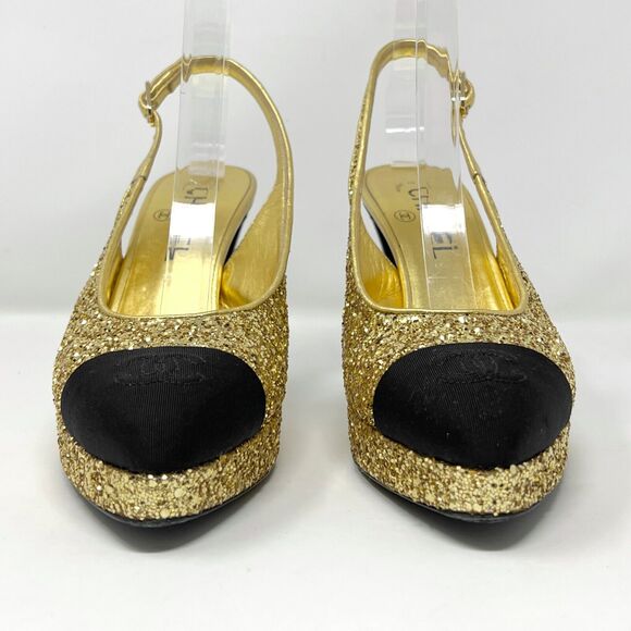 Chanel 2021 Slingback Gold Glitter Platform Cap Toe Pumps – Size 38 - Picture 4 of 10